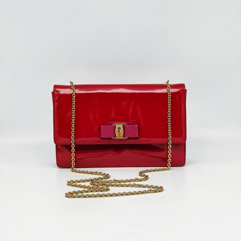 Salvatore Ferragamo Vara Bow Red Patent Leather Chain Clutch Bag
